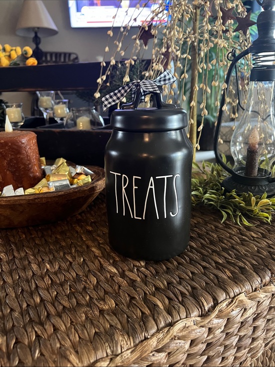 Rae Dunn Other - Rae Dunn Black 'TREATS' Ceramic Canister with Gingham Bow